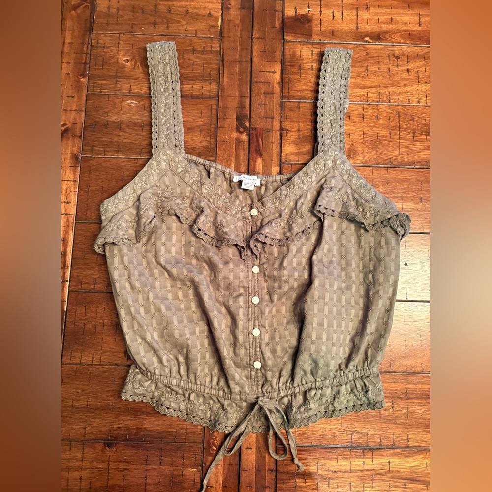 Y2K American Eagle Olive, Boho, Fairy, Peasant Crop, Cotton Size XL